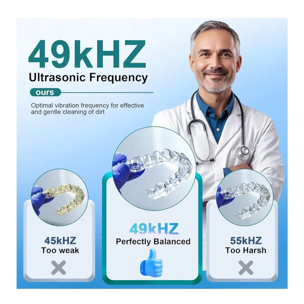 Ultrasonic Retainer Cleaner UV Light Sterilizer 49kHz Dental Jewelry 200ml White